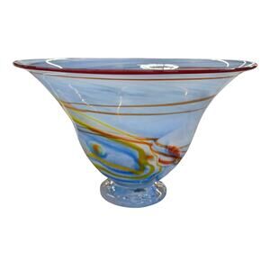 Hand Blown Art Glass Blue and Yellow Striped Bowl 10.5” Signed by artist